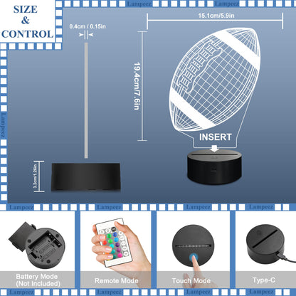 Lampeez Football Gifts Night Light, Kids 3D American Football Night Light Optical Illusion Rugby Lamp with 16 Colors Changing Remote Birthday Xmas Valentine Gift Idea for Sport Fan Boys Girls