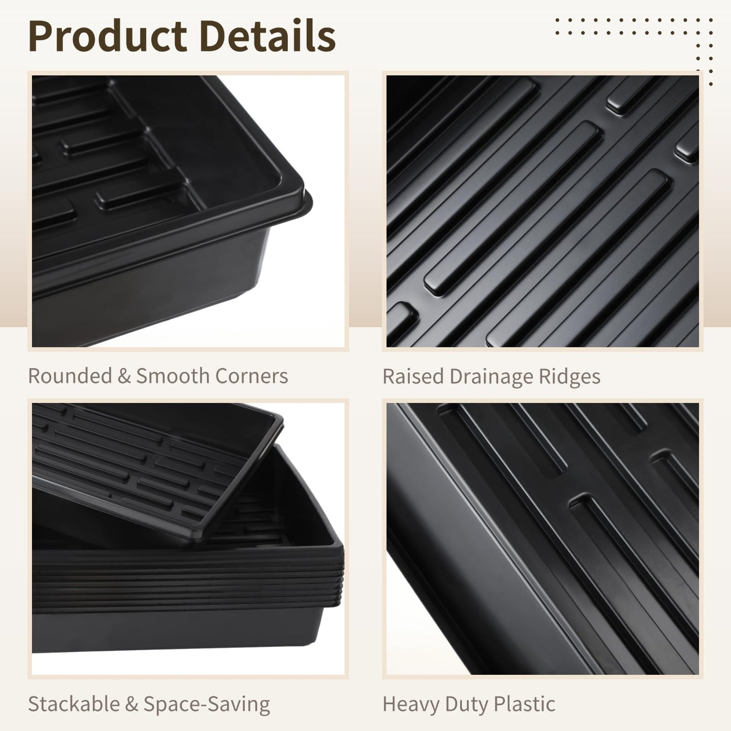 DORMIYA 10 PCS Plant Starting Trays with 3 Small Garden Tools, Thick Heavy Duty Plastic No-Hole Plant Germination Trays with Raised Drainage Ridges, Reusable Growing Trays for Peat Pot Microgreens