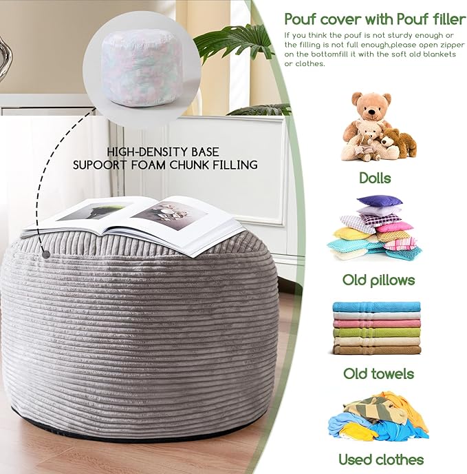 HIGOGOGO Round Stuffed Pouf Ottoman, Corduroy Poufs
