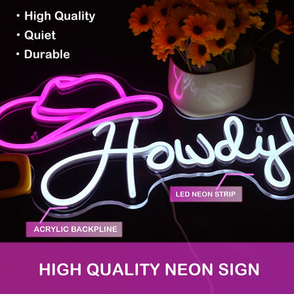 ineonlife Cowboy Hat Neon Sign Howdy Neon Lights Pink Led Neon Signs Preppy Girls for Wall Decor Light Up Sign for Bar Beer Bedroom Living Room Beauty Girls Club Decoration Gifts