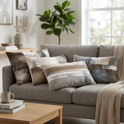 Modern Abstract Throw Pillow Covers Set of 4, 12x20 Inch Decorative Sofa Pillows for Living Room, Soft Square Cushion Cases for Couch, Grey and Brown Geometry Art Decor