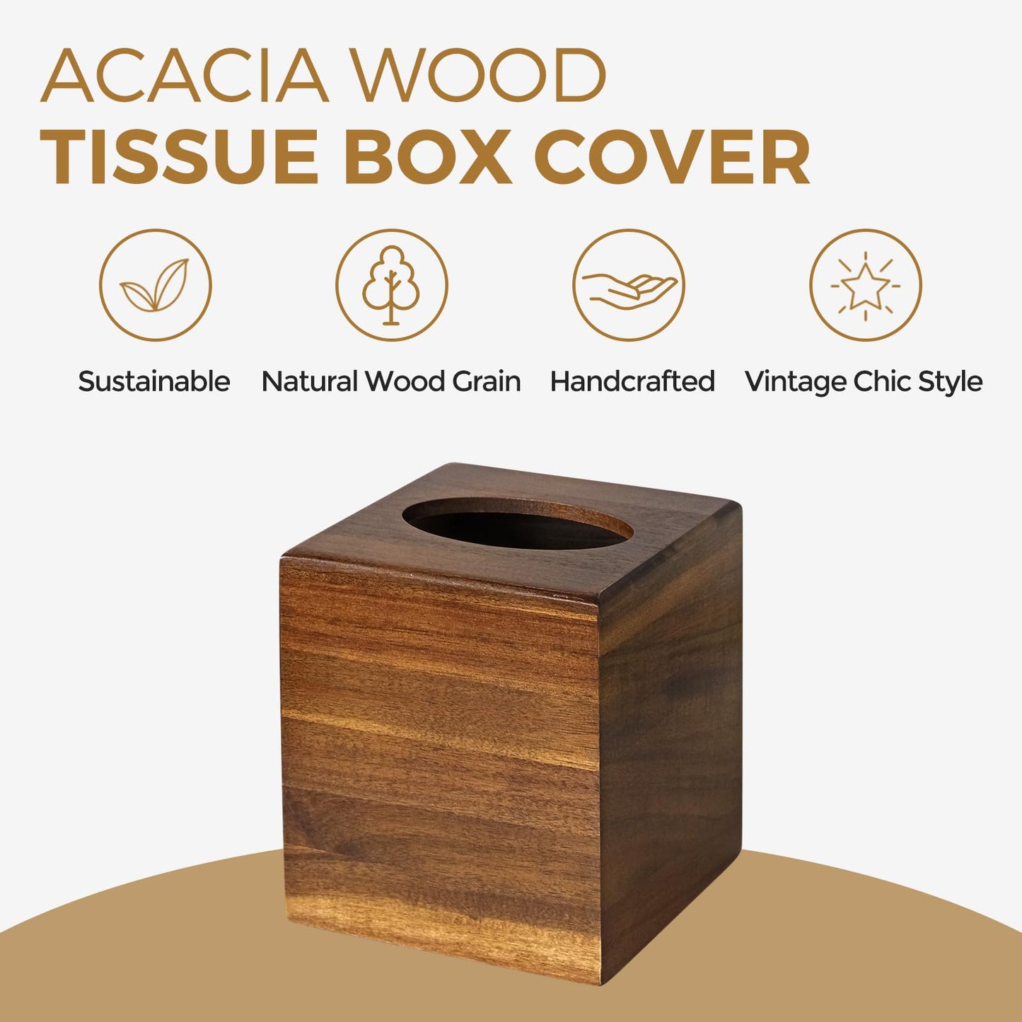 KALEKAIL Wood Tissue Box Cover， Acacia Wood Tissue Box Cover Square, Decorative Cube Facial Wooden Tissue Box Holder with Slide-Out Bottom for Bathroom, Bedroom, Dinner Table, Office, Kitchen