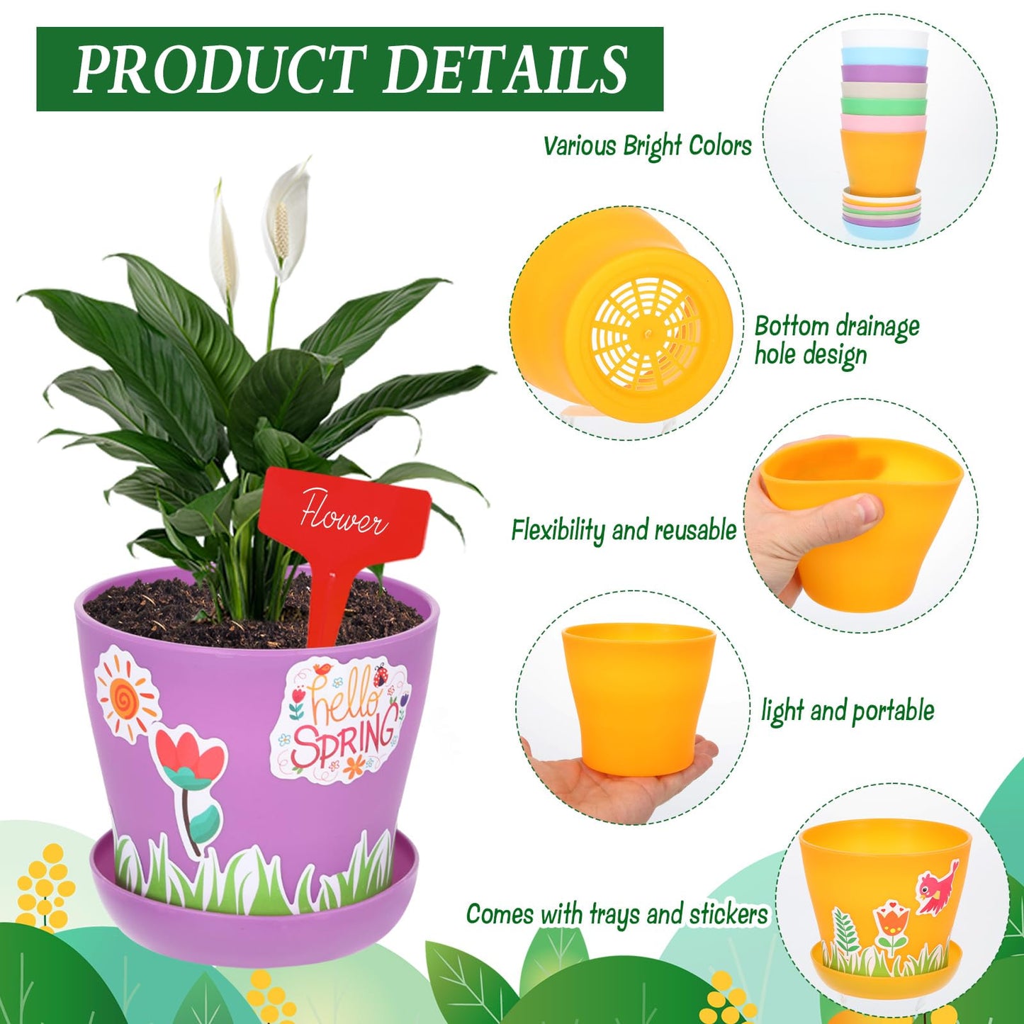 Wenceda 30 Pack Garden Pot Craft Kit, DIY Spring Pot Plastic Planter with Tray, Include Plant Tag/Certificate of Award/Spring Sticker, Flower Plant Craft for Classroom Home Party DIY Flower Planting