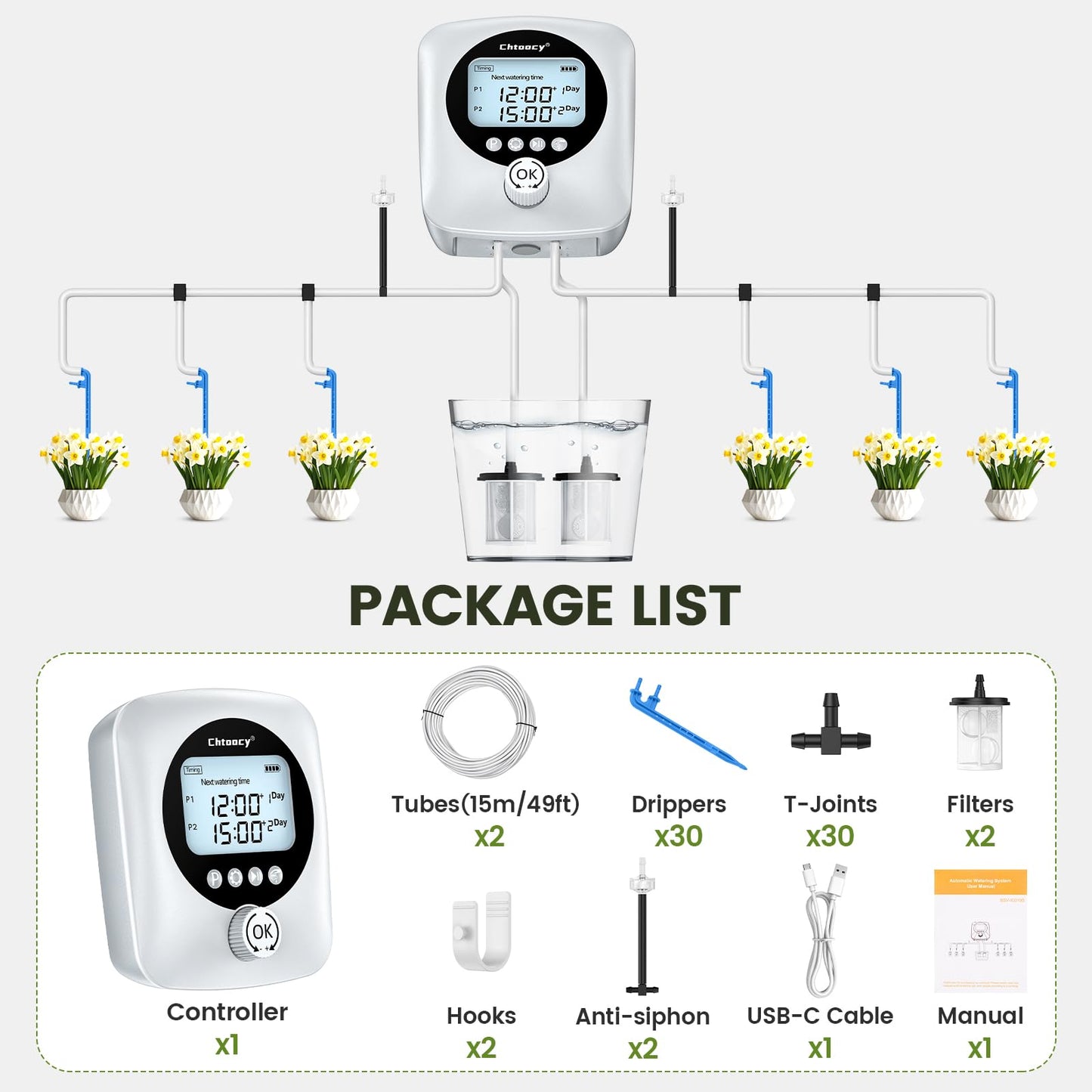 Chtoocy Automatic Plant Waterer for 30 Potted Plants - 98FT Dual Pumps Automatic Watering System, Vacation Self Watering Drip Irrigation System & Plant Watering Device with Programmable Water Timer
