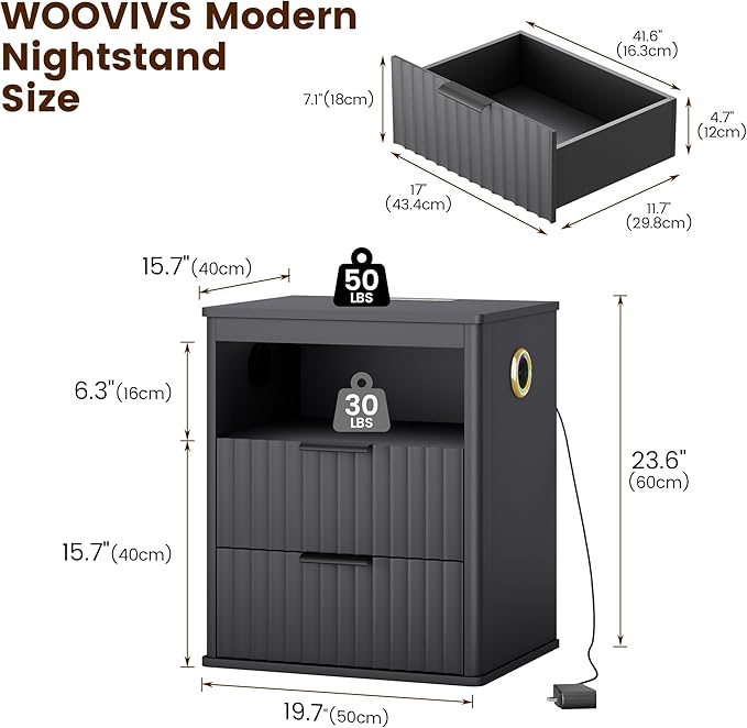 WOOVIVS Modern NightStand with Smart Human Sensor Lights, Bedside Table