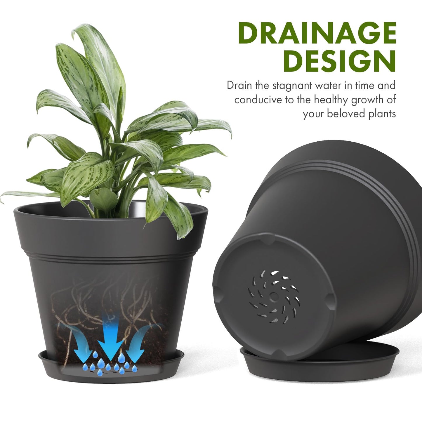 WSMKSZ 5 Inch Plastic Plant Pots with Drainage Holes and Trays – 6 Pack Small Nursery Pots for Indoor & Outdoor House Plants and Flowers, Seedling Starter Planters, Matte Black