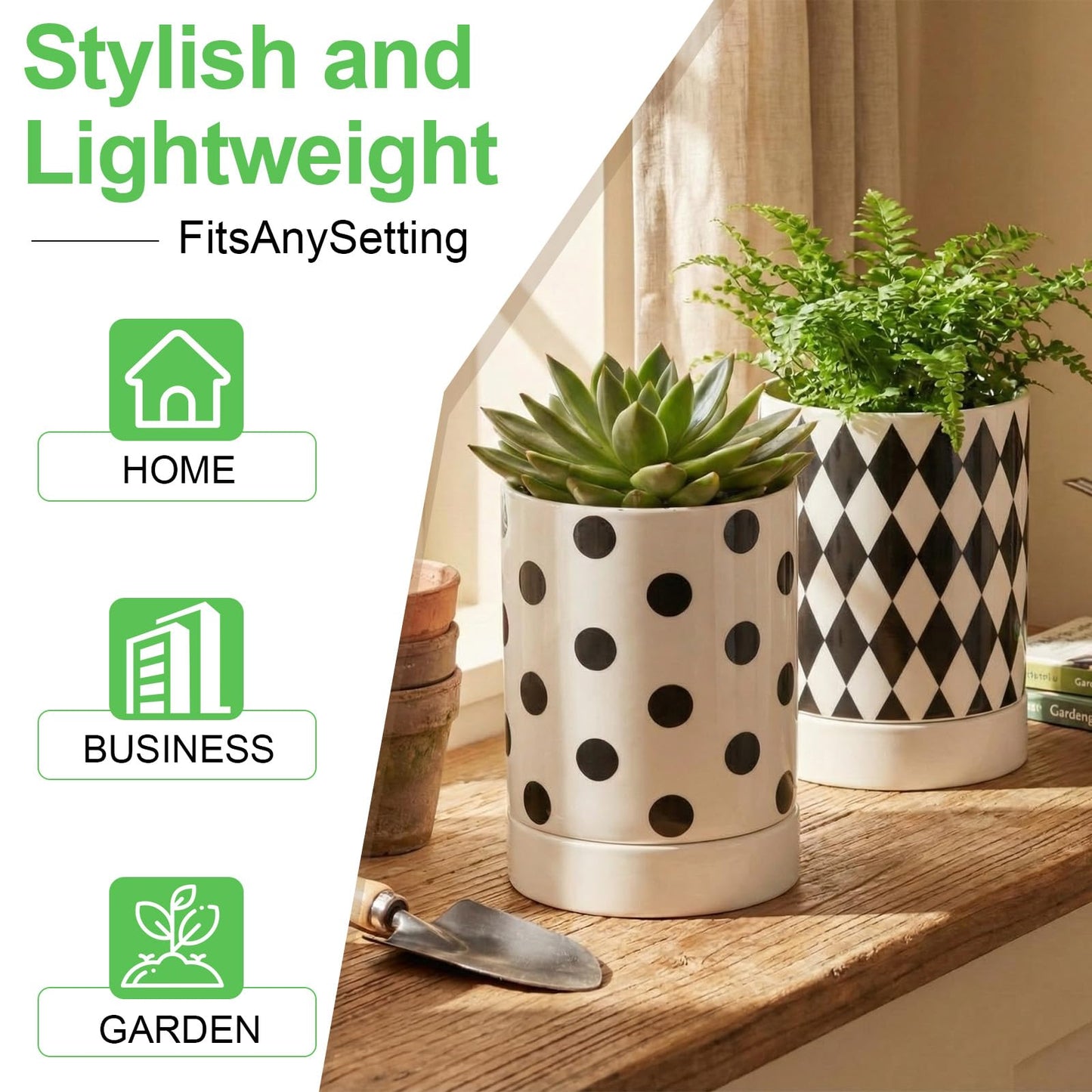 Ferrochef Ceramic Plant Pots Set of 2, 6 Inch Flower Pots with Drainage Hole Modern Polka Dot Diamond Planter for Indoor Outdoor, Black and White