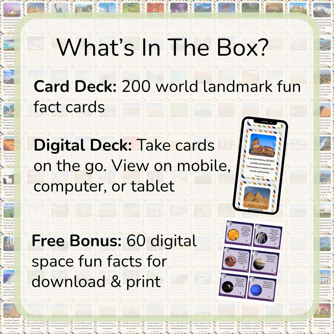 200 World Landmark Fun Fact Cards – Fascinating, Educational Flash Cards for Kids | Lunchbox Notes, Homeschool, Classroom, Travel + Bonus Printable 60 Space Fun Facts | Back to School & Gift Idea