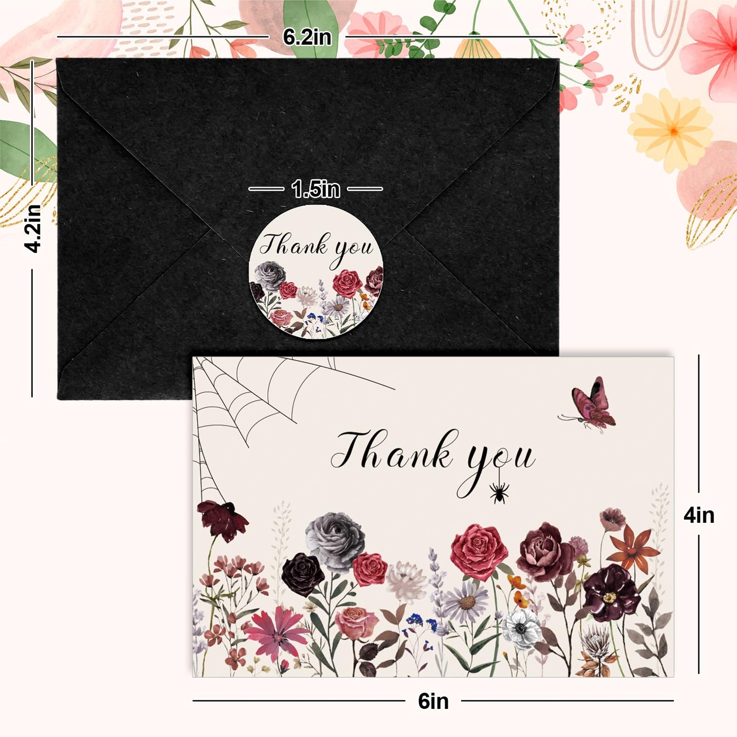 Whaline 36 Packs Halloween Floral Thank You Cards Watercolor Flower Greeting Cards with Envelopes and Stickers Blank Note Card for Wedding Birthday Party Supplies