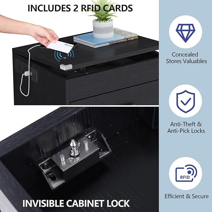 Gyfimoie Led Night Stand with Charging Station & RFID Lock Cabinet, Smart
