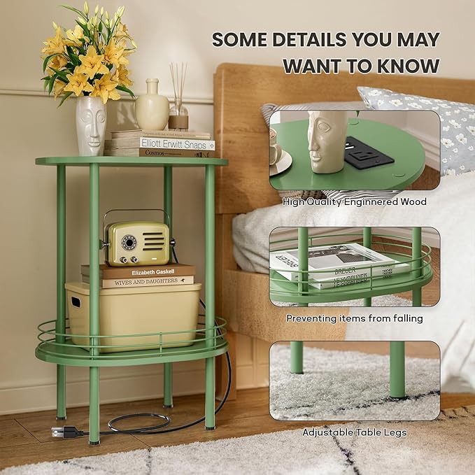 DGSANDGO Green Side Table with Charging Station, Side Tables Living Room