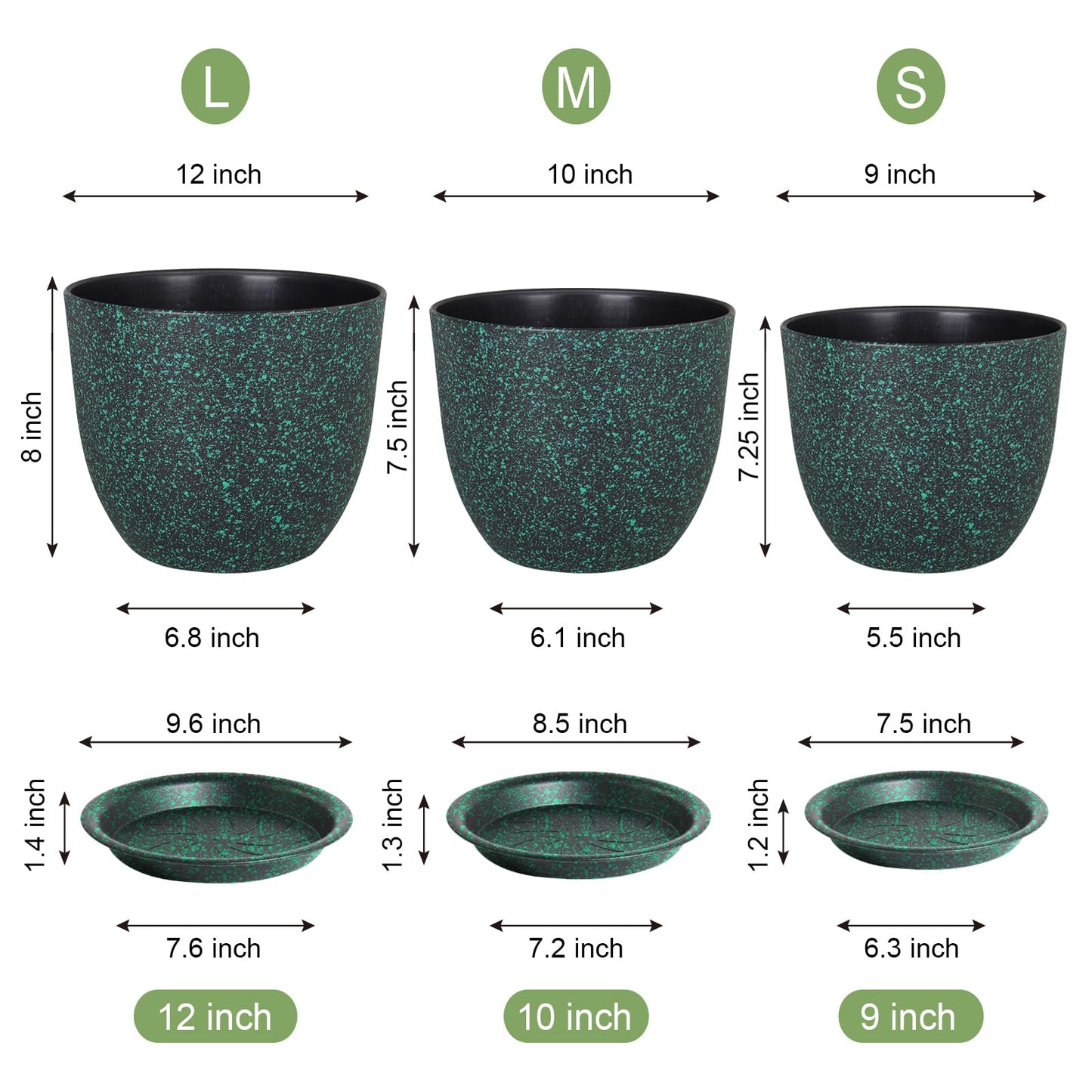 WSMKSZ Large Flower Pots 12/10/9 inch, Set of 3 Decorative Plastic Planters with Drainage Holes and Saucers for Garden House Plants, Plant Pots for Indoor Outdoor Plants, Black with Green Speckles
