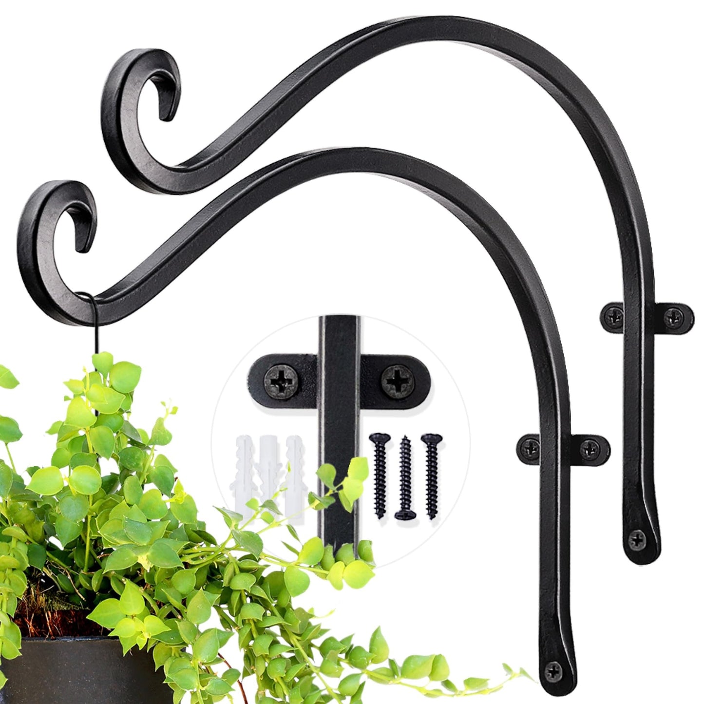 AJART Heavy-Duty Plant Hanger Outdoor - Can Hold 50 Lbs Plant Basket or Large Bird Feeder - 12 Inch Solid Iron Windproof, Rustproof Wall Hooks - with Triangular Stability - 2 Pieces