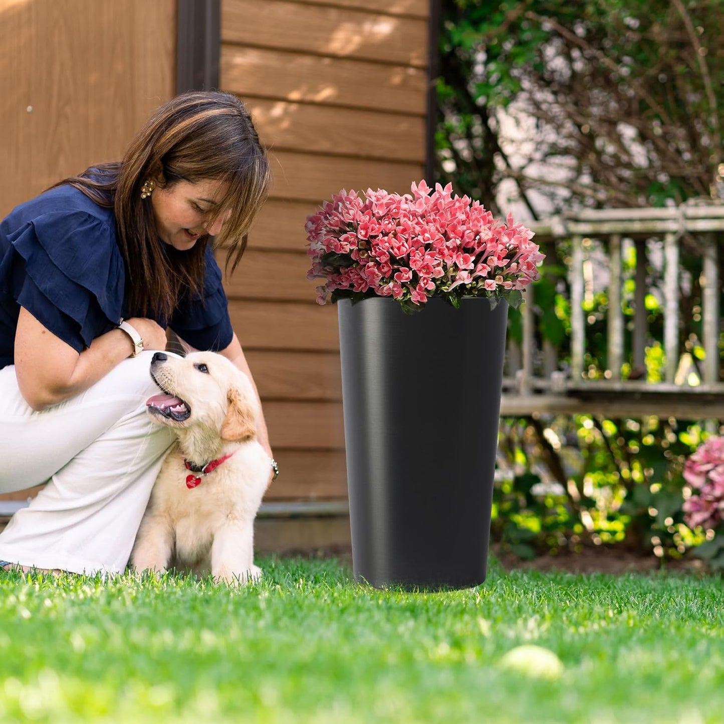 GDFStudio 21.7" Tall Planters Set of 2, Large Planter Pots with Drainage Holes, UV and Crack Resistant, Modern Matte Finish for Indoor Outdoor Balcony Patio Garden, Black