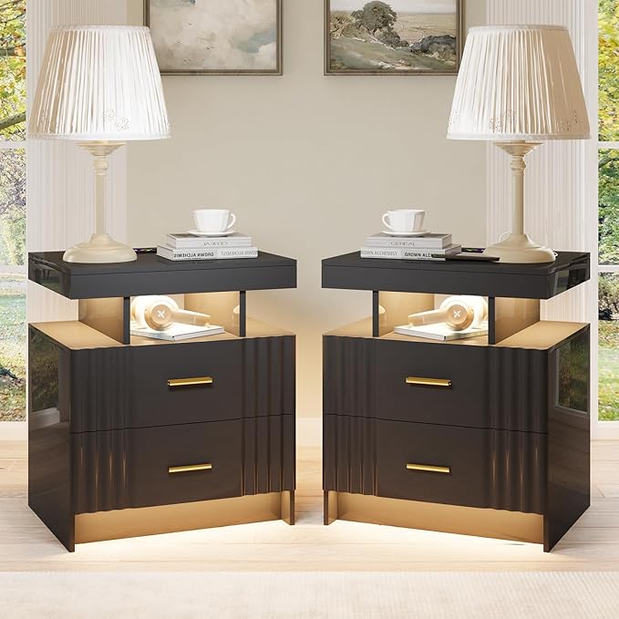 Nightstand with Wireless Charging Station, Smart Night Stand with 2 Drawers