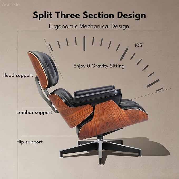 Top Black Grain Leather, Mid Century Chaise Lounge Chair and Ottoman, Accent