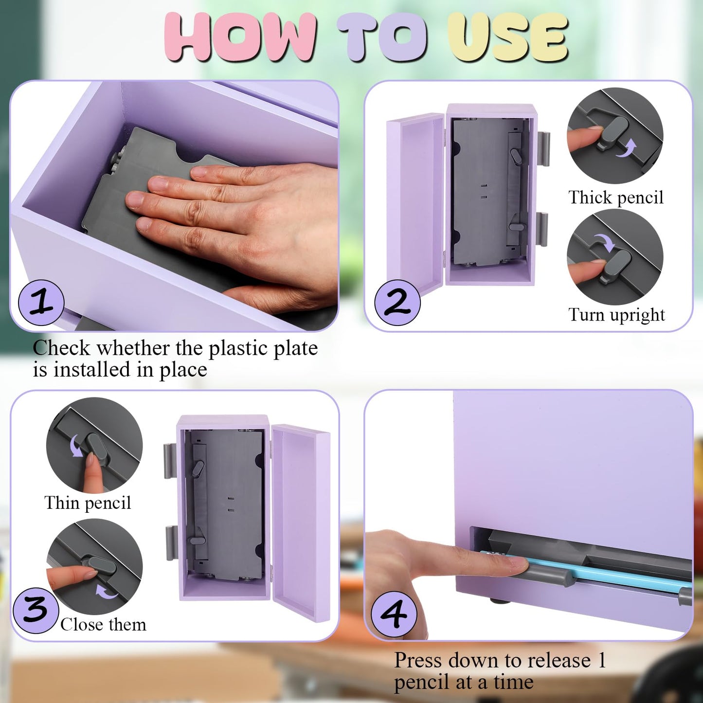 Watersay 108 Pcs Pencil Dispenser Kit for Classroom Wooden Sharp and Dull Pencil Holder 50 Pencils 50 Sharpener 6 Sticker Classroom Teacher Must Have Straw Dispenser for Back to School(Purple)