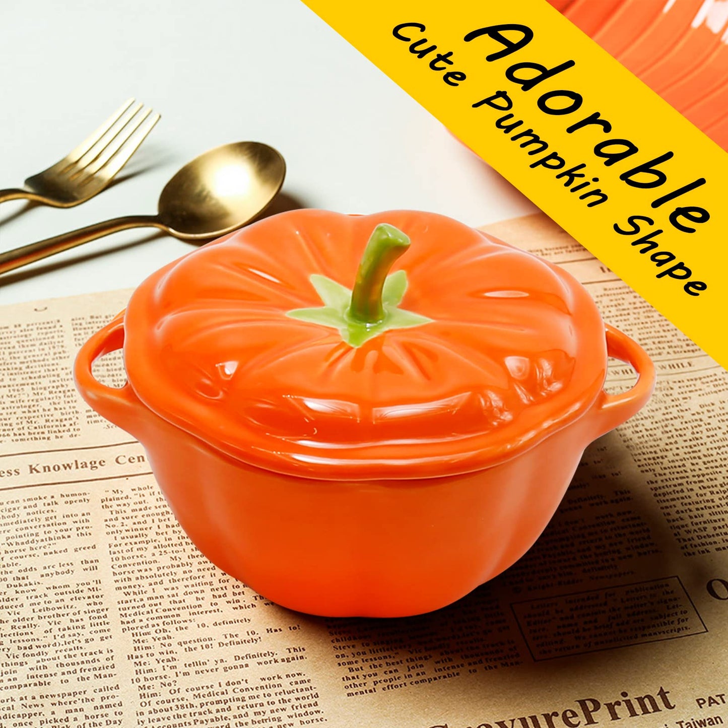 MDEOOSKY 400ml/13oz Pumpkin Shaped Ceramic Bowl with Lid & Handle, Covered Dessert Bowl, Serving Bowl for Fruit, Salad, Snack, Soup, Stylish Home Kitchen Tableware, Gift Idea