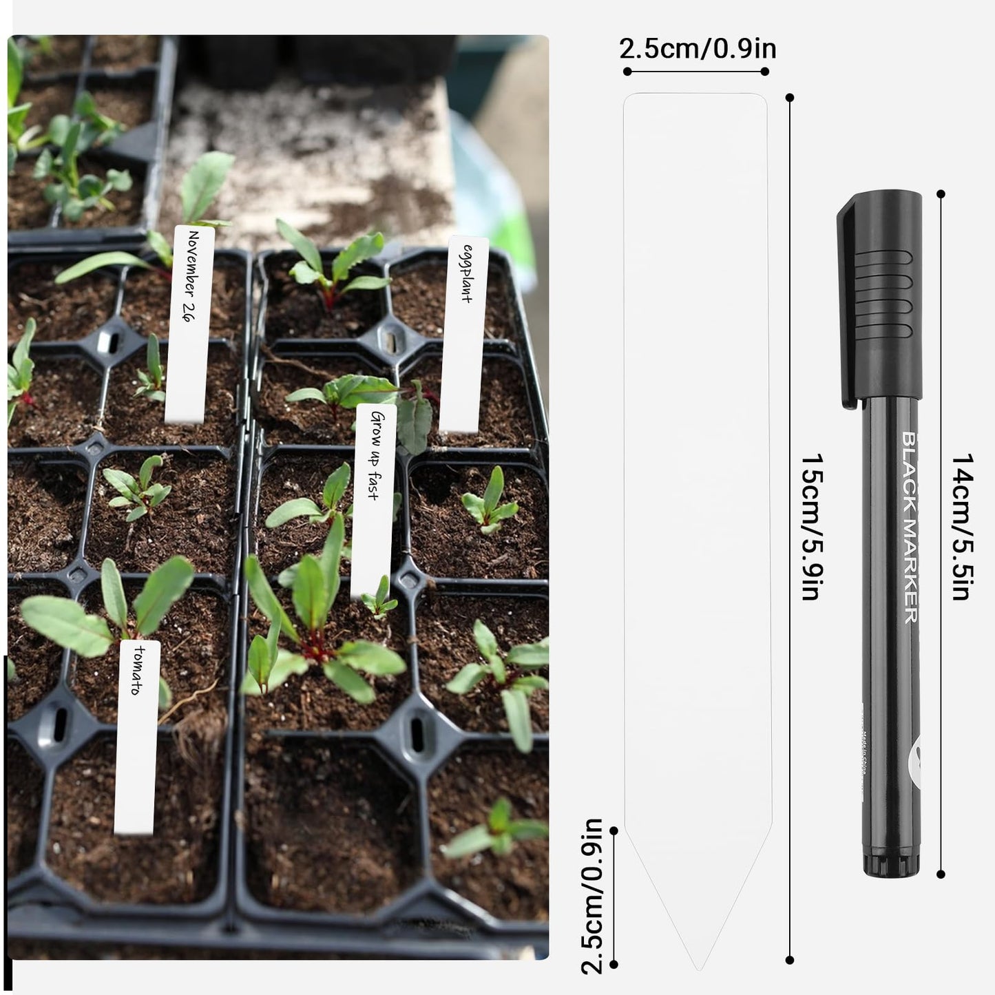 GREANER Window Boxes Planters with 100PCS 6inch White Plant Label, 3PCS 16x3.8 Inch Large Herb Planters with Tray, Indoor Succulent Cactus Flowers Vegetable Plastic Rectangle Pots for Balcony, Office,