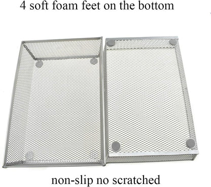 HAHIYO Stackable Mesh Tray Cup 9 x 6 x 2 inches Sturdy Container for Desk Drawer Organizer Collection for Home Office School kitchen Soft Foam Feet No Sharp Edges 1 Pack Silver