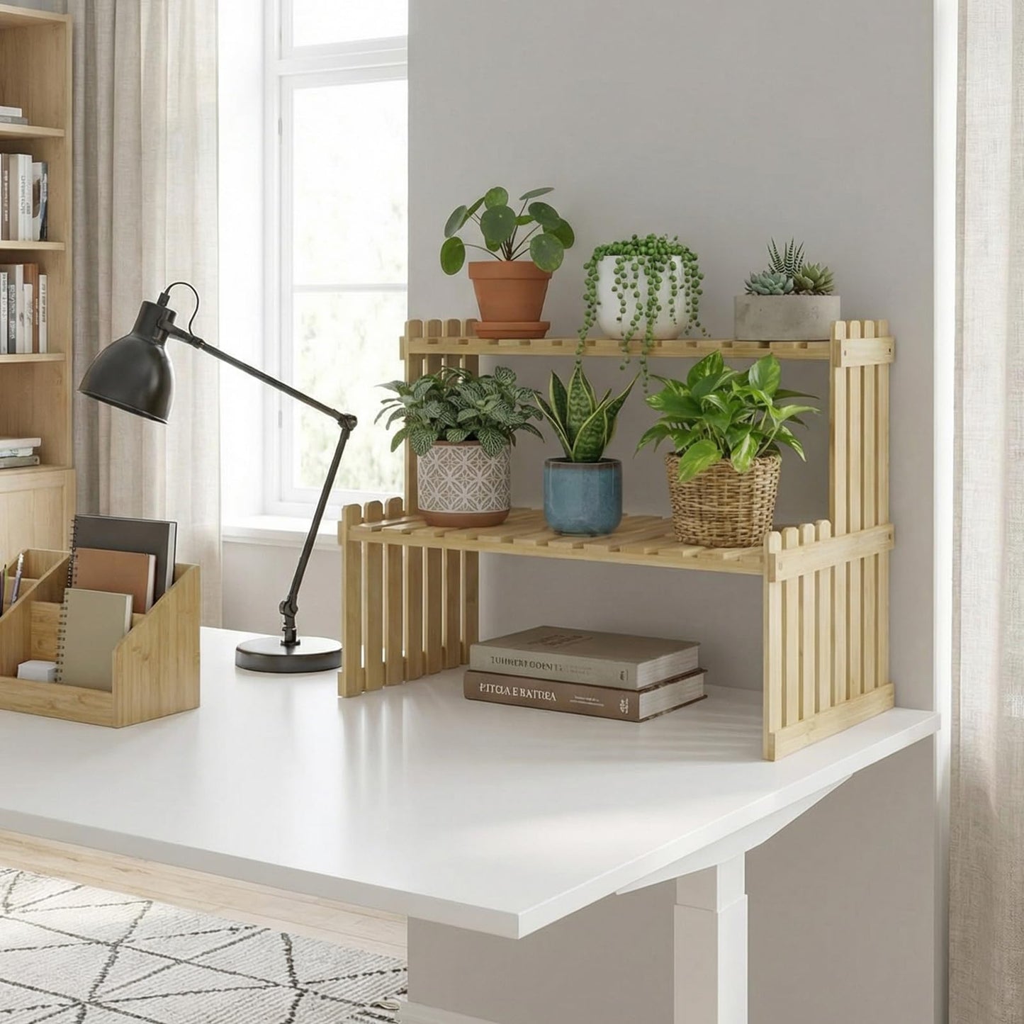 MyGift Natural Bamboo Indoor Plant Stand for Desk, 2 Tier Desktop Shelf Organizer Rack with 2 Slatted Shelves