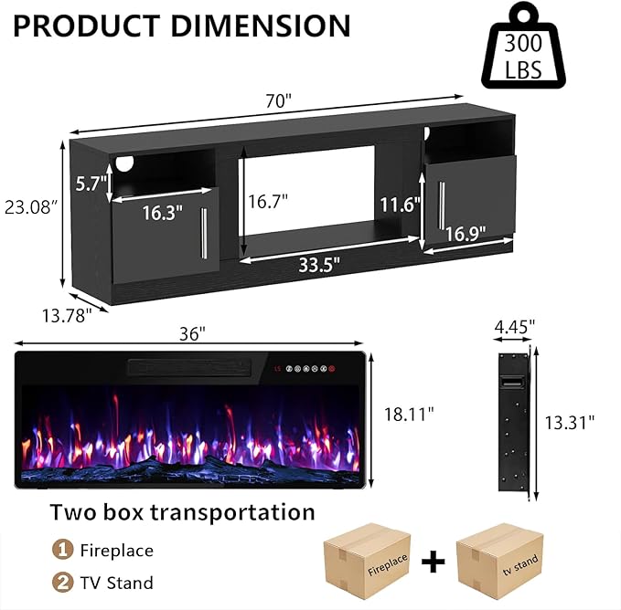 PRETZI Fireplace TV Stand with 36" Fireplace Up to 80" TVs, Remote Control