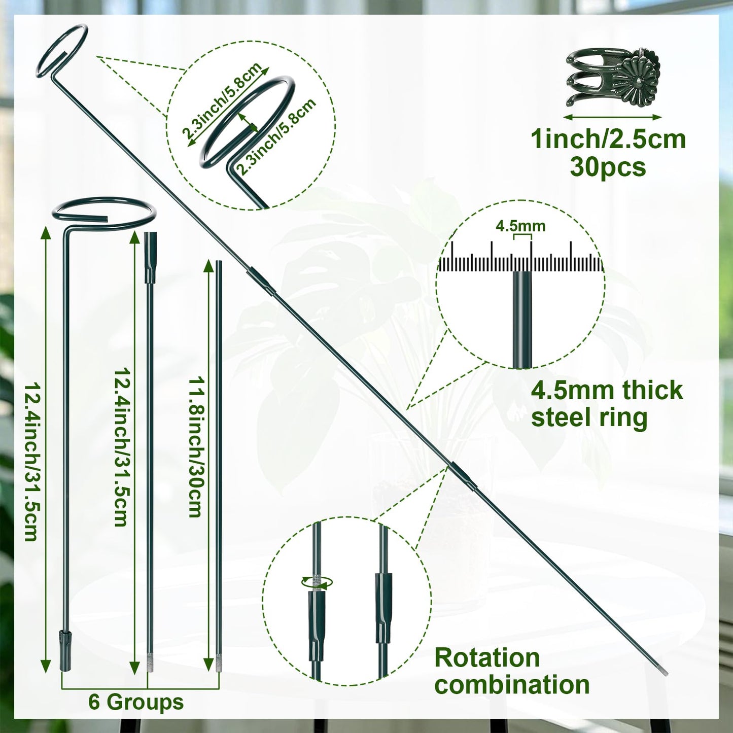 Mwellewm 6 Sets Plant Stakes 12/25/36 Inch Adjustable Plant Support Stakes Tall for Indoor Outdoor Plant Holder Stick Steel Garden Stem Pole Amaryllis Stakes with 30 Clip for Tomato Orchid Lily Flower