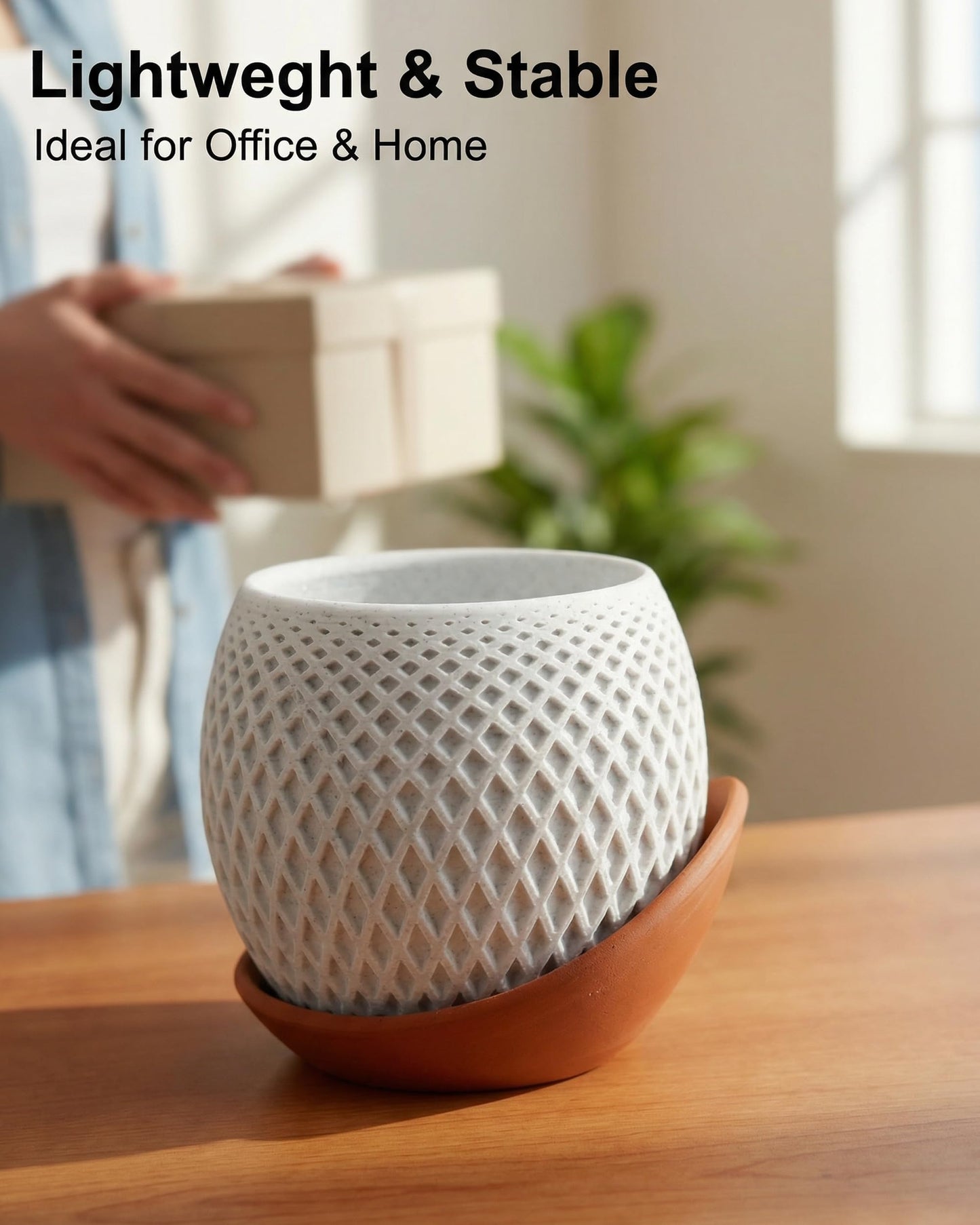 CODIAO Small Plant Pots Indoor with Drainage & Saucer (4 Inch) - Cute 3D Printed Geometric Planter - Modern White Pot for Succulents Cactus - Unique Desk Decor & Gardening Gift (Terra Cotta Base)