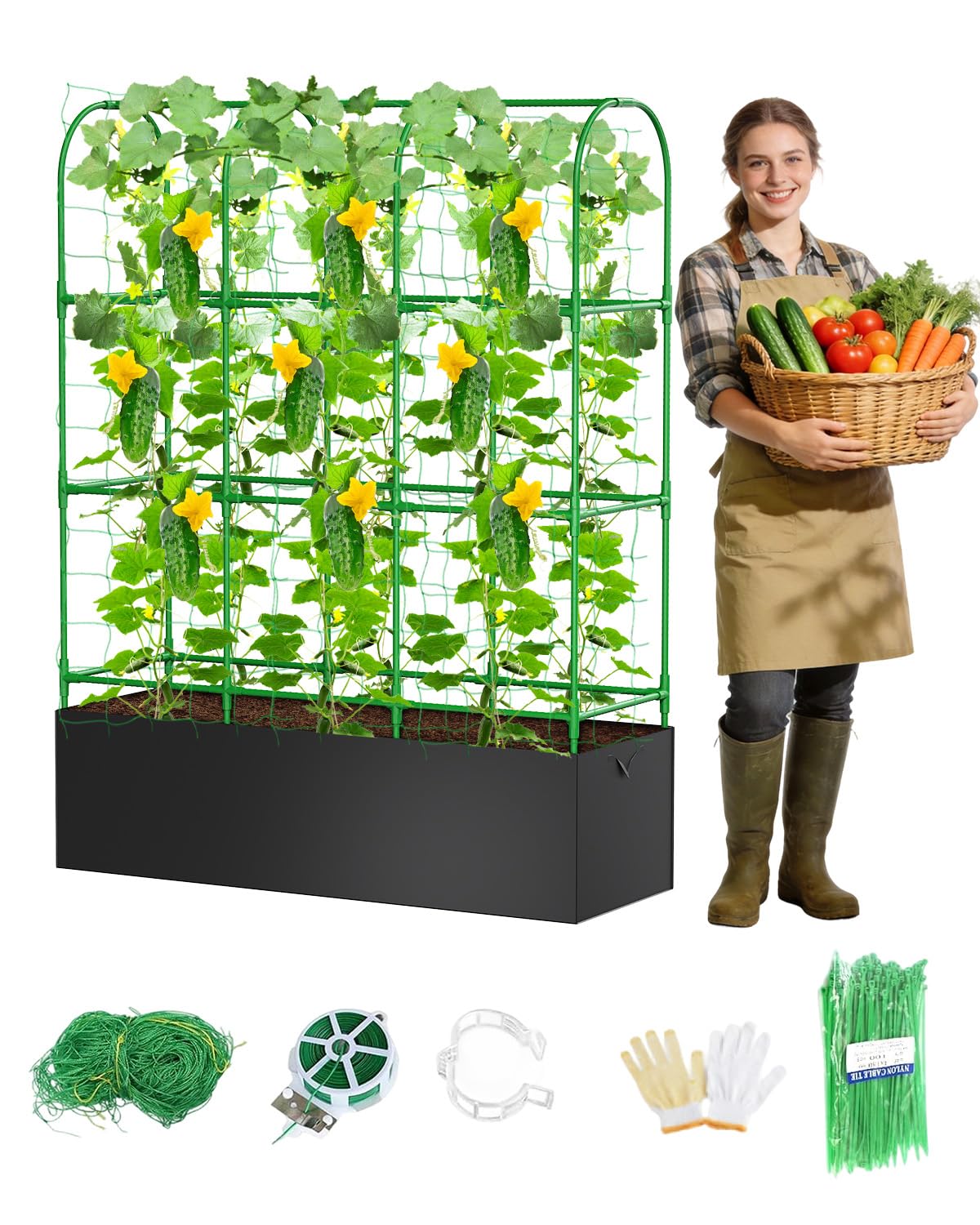 Cucumber Trellis with Grow Bags for Garden, 63in Tall Garden Trellis for Climbing Plants, Metal Plant Trellis with Garden Netting for Vegetables Flowers Fruits(4 Arches)(U-Shape)