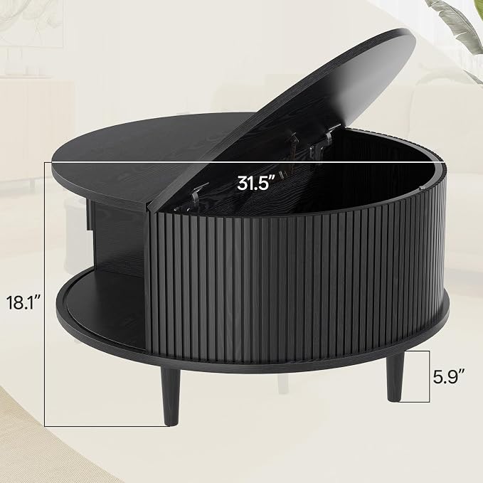 Round Coffee Table with Storage, Mid Century Modern Coffee Table, Fluted Dining Table with Sliding Door, Circle Coffee Table for Living Room Home Office, 31.5", Black