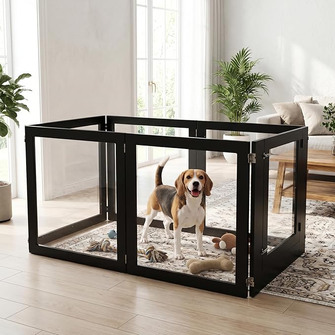Heavy Duty Clear Acrylic Dog Playpen for Small/Medium Pets – 32" High Clear Pet Pen with Sturdy Metal Frame (Black, 2 Extended Panels)