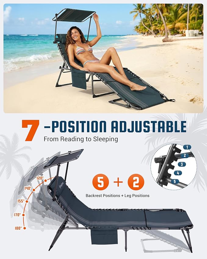 KingCamp Lounge Chair with face Hole & Canopy Shade, 400LBS Folding Portable