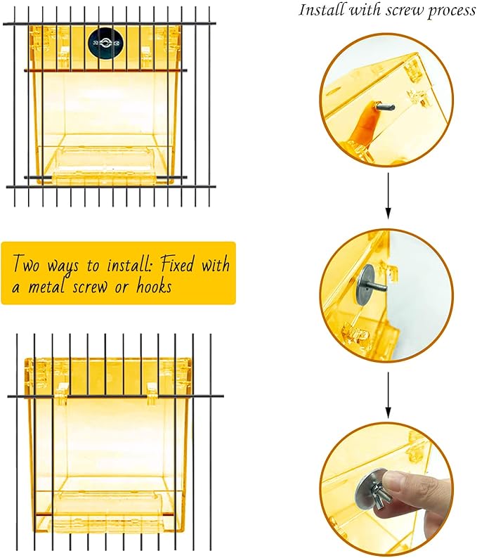 PINVNBY Yellow Acrylic Parrot Bath Box,Bird No-Leakage Bathtub for Cage Hanging Tube Shower Box Cage Accessory with Water Injector and Balls Toys for Small Pet Birds Canary Budgies Lovebirds(6 Pcs)