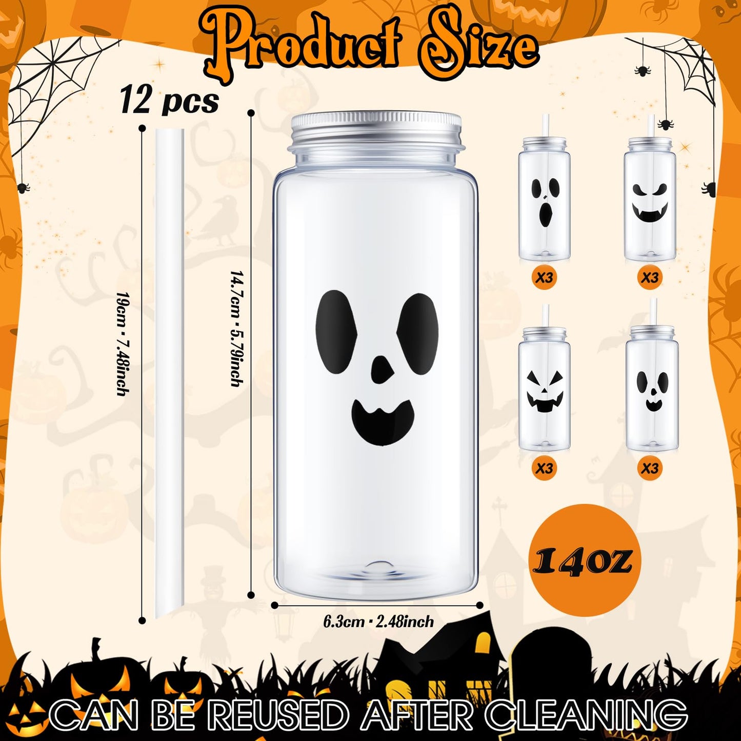 Patelai 12 Pcs Halloween Plastic Cups with Lids and Straws 13.5 oz Pumpkin Ghost Face Drinking Cup Reusable Clear Bottles Scary Printed Party Tumblers for Trick or Treat Party Supplies