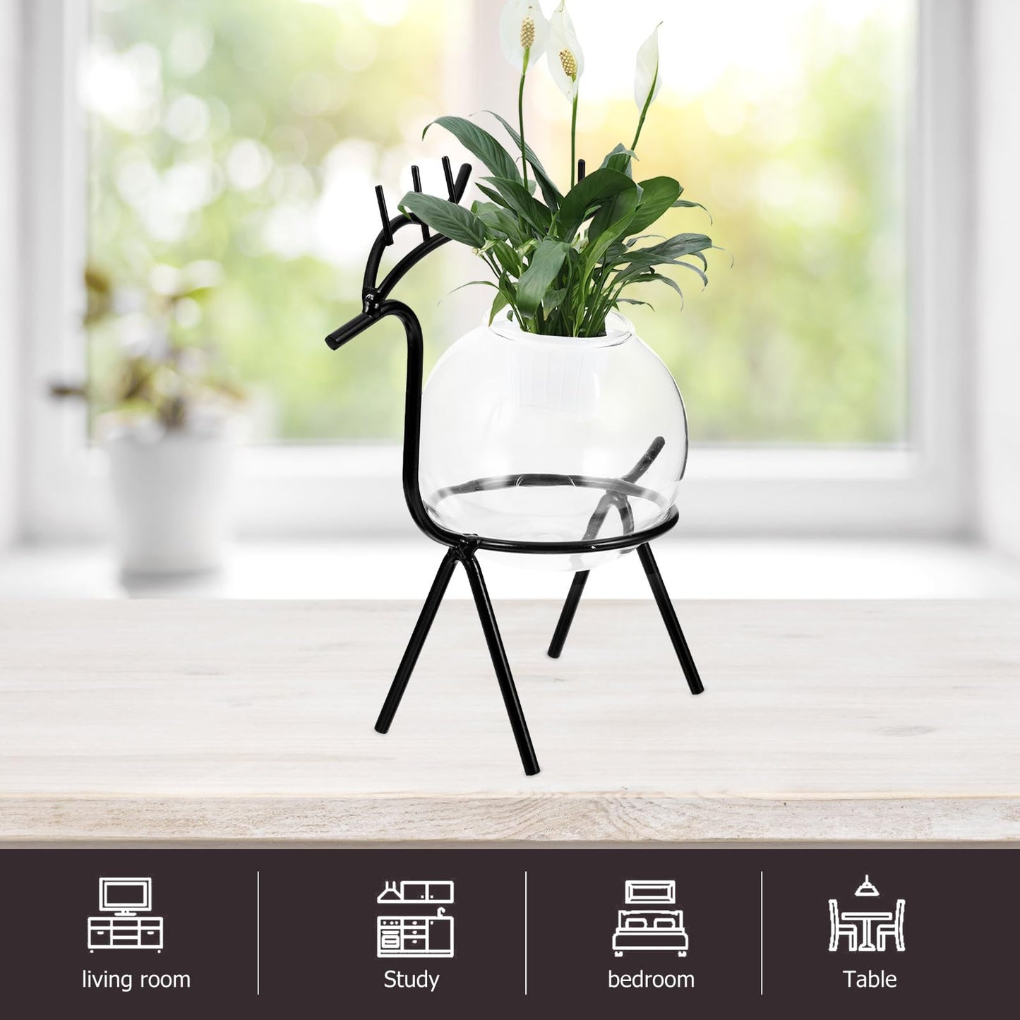 Homoyoyo Hydroponic Flower Vase with Metal Stand, Compact Dark Deer Desktop Glass Planter, Modern Terrarium Vase for Home Office Green Plant Decoration