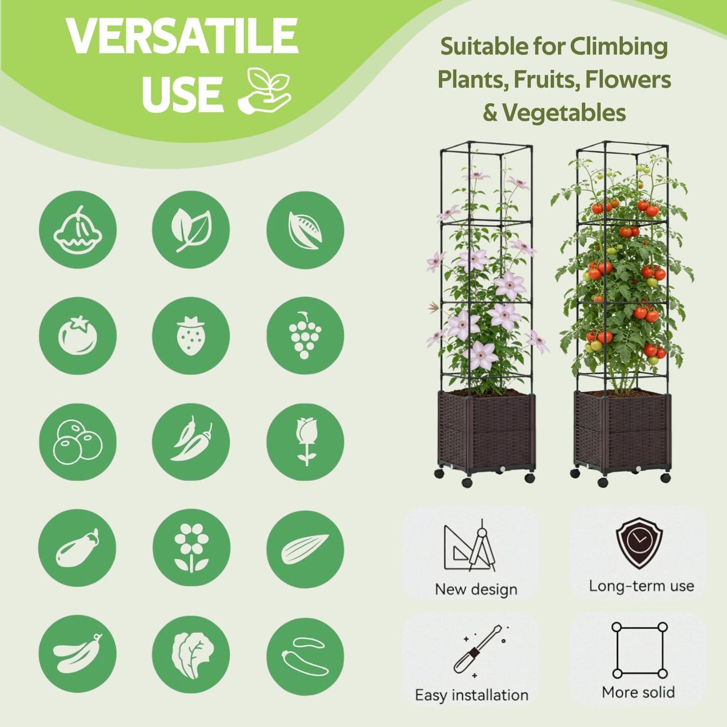Jesosia Raised Garden Bed Planter Box with Tomato Cage - Self-Watering Tomato Planters with Trellis for Climbing Plants Outdoor - Vertical Gardening Tomatoes Pot with Trellis Wheels for Vegetable Vine
