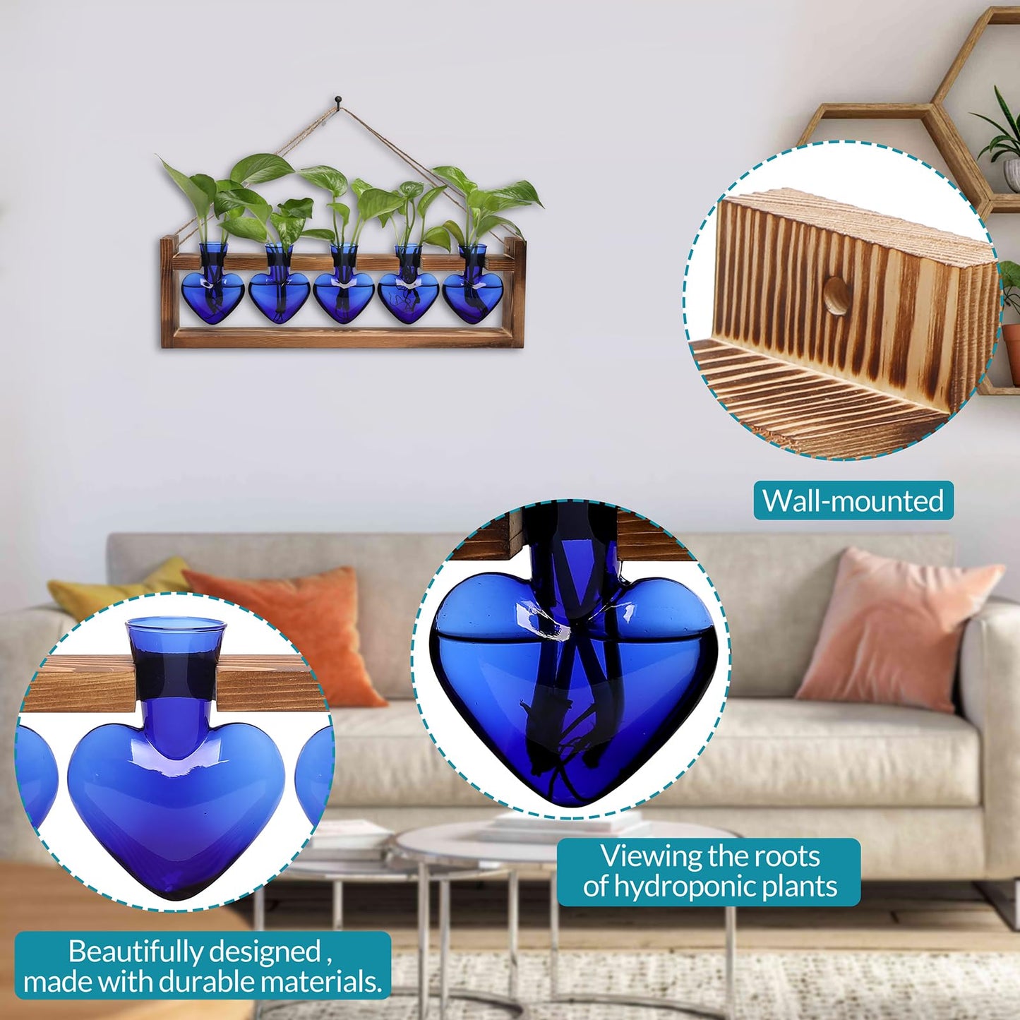 Plant Terrarium Hanging Propagation Stations Gift for Women Air Plants Holder with Wooden Stand Heart Glass