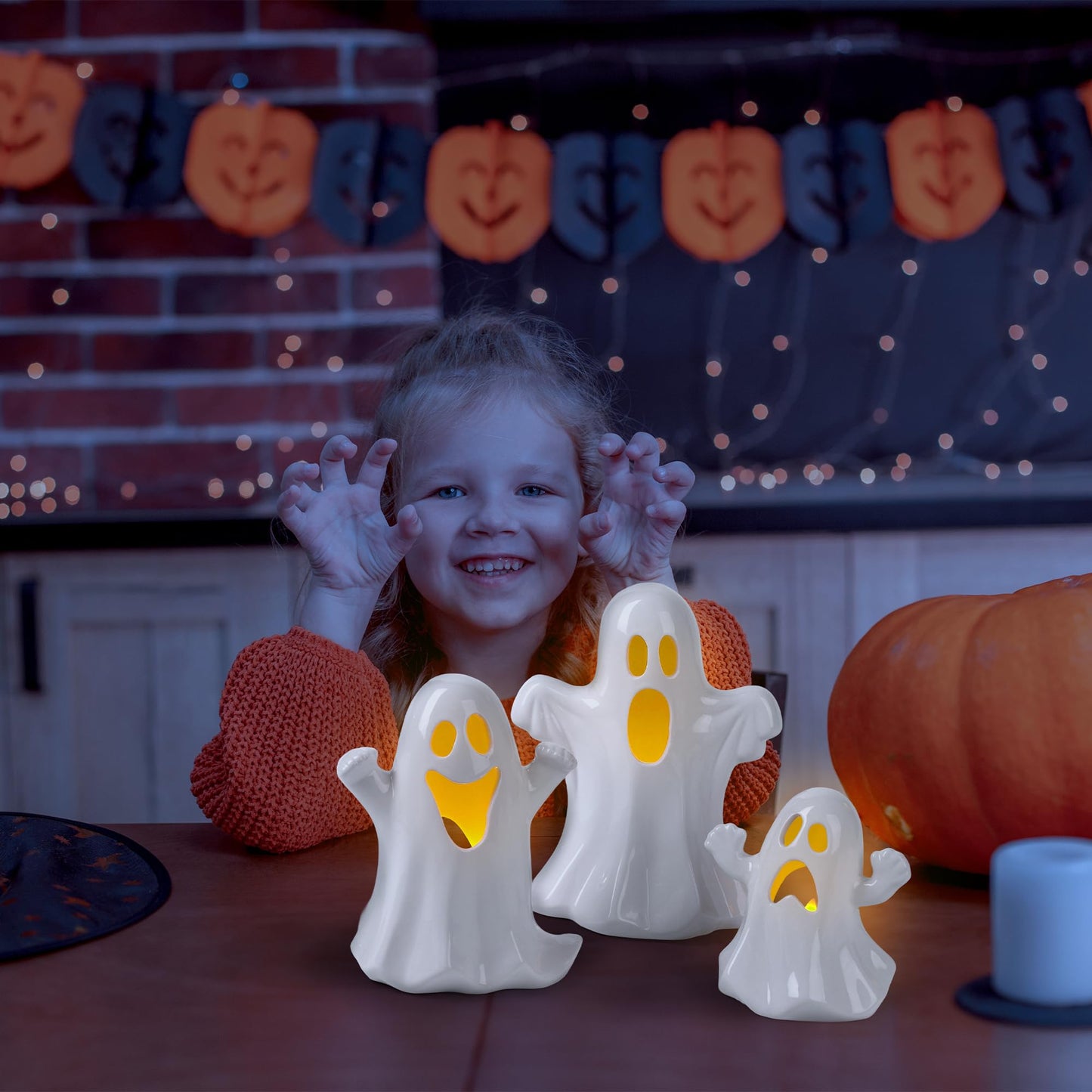 Aneco Ceramic Ghost Light Up Decor Halloween Ghost Decor 3 Ceramic Ghosts Figurines with Remote Control, 3 Tea Lights Spooky Ghosts Sculpture for Halloween Home Table Decorations