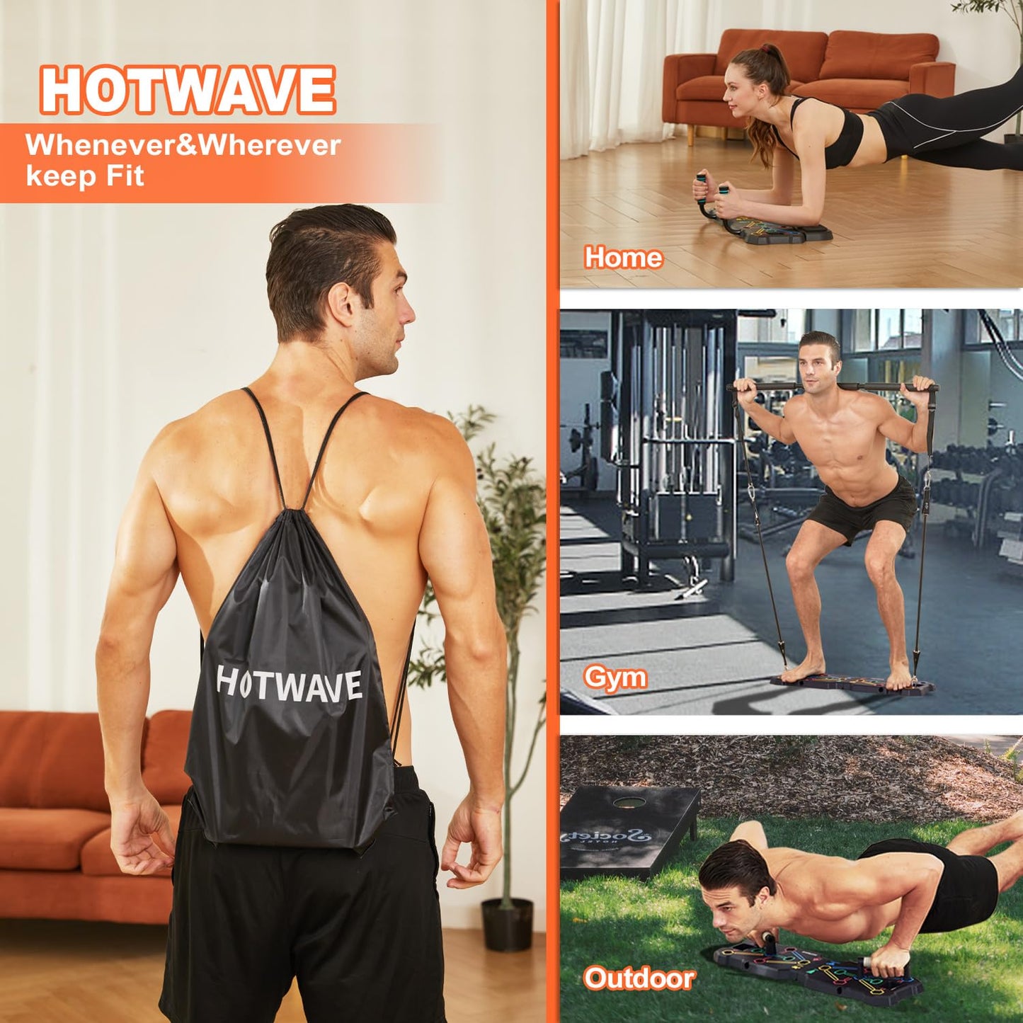 HOTWAVE Portable Workout Equipment with 20 Gym Accessories.Push Up Board &Plank Trainer,Resistance Bands with Ab Wheel,Exercise at Home For Men and Women
