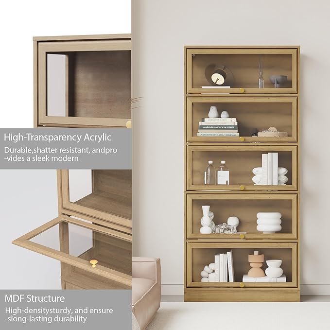 Display Cabinet with Acrylic Glass Doors, 5-Tiers Curio Cabinet with LED