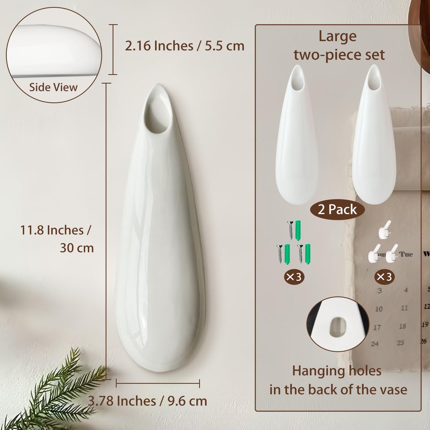 2 Pack White Ceramic Wall Vases,11.8 Inch Wall Hanging Plant Holder,Cubicle Modern Decor Plant Holder Vase for Indoor Plants, Hanging Propagation Flower Pots for Air Vases