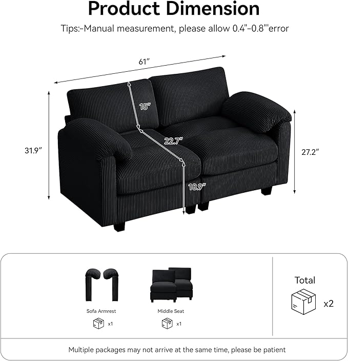 61'' Modular Loveseat Sofa, Extra Deep Seat Cloud Couch