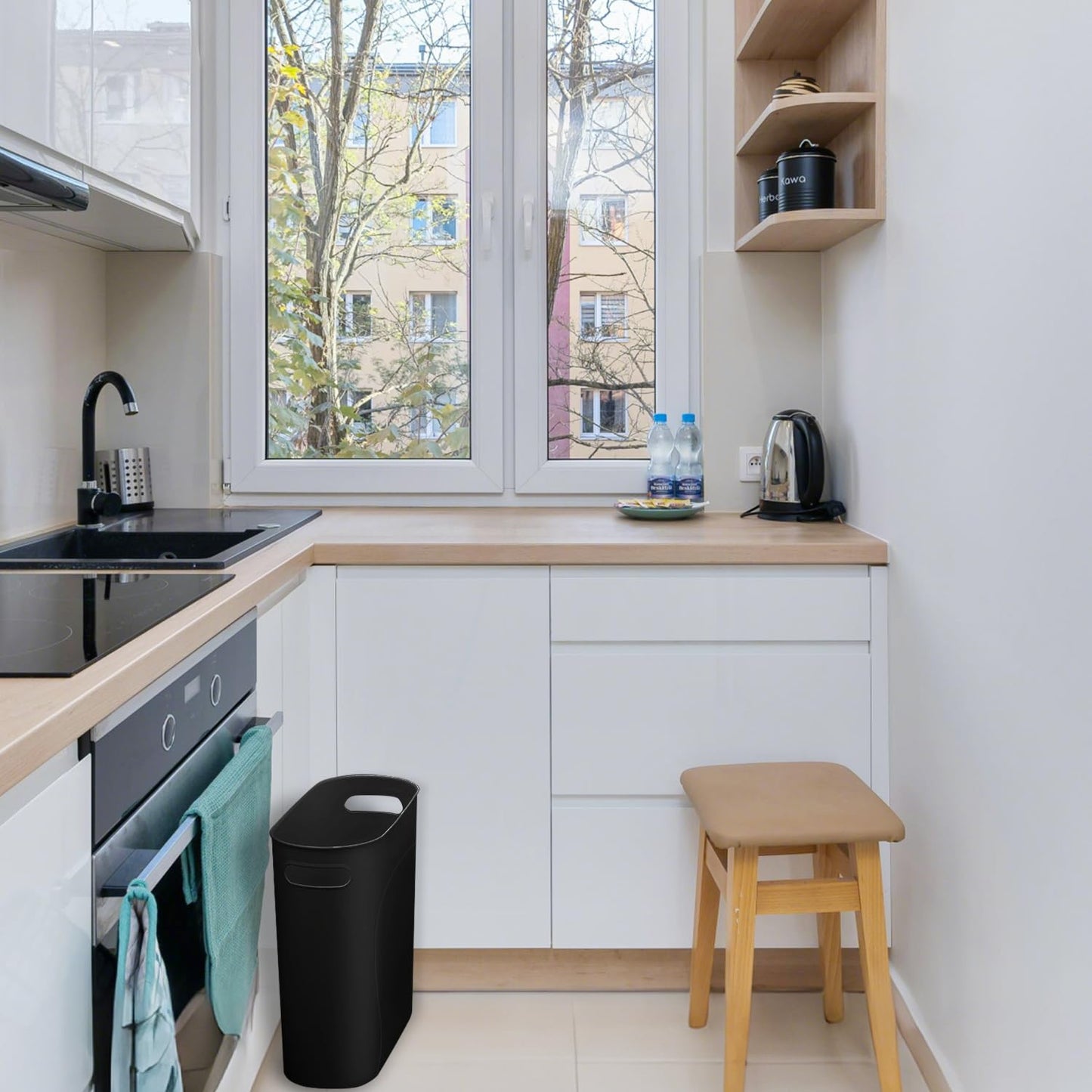 3 Pack Slim Waste Basket 3.2 Gallon Narrow Office Trash Can, Plastic Bathroom Wastebasket Slim Garbage Can Container Bin with Handle for Narrow Spaces Bathroom Bedroom Kitchen Office at Home, Black