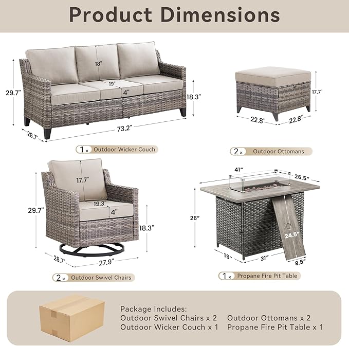 Patio Furniture Set with 42.5" Fire Pit Table-6 Pieces All Weather Wicker