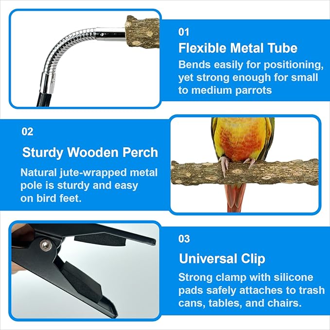 Bird Perch Stand for Trash Can, Adjustable & Portable Parrot Stand, Bendable Bird Training Perch for Cockatiels, Conures, Lovebirds and Medium & Small Parrots