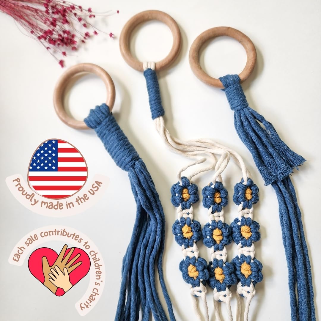 Set of 3 Macrame plant hangers with Daisies & Beads Hanging plant holder Macrame Plant hangers outdoor and indoor hanging planters Plant stand indoor Boho Decor hanging planter stand (Peacock Blue)