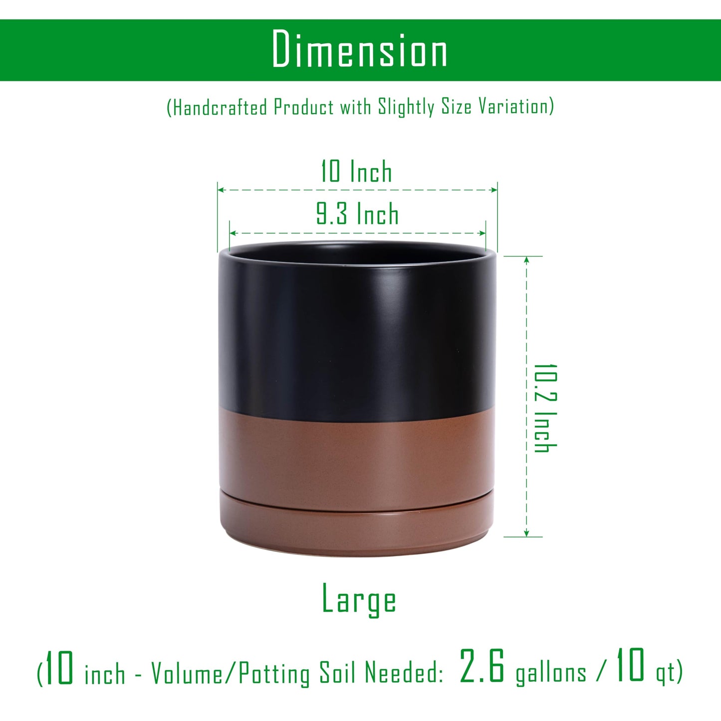 D'vine Dev 10 Inch, Ceramic Planter Pot with Drainage Hole and Saucer, Indoor Cylinder Round Planter Pot, Black/Speckled Tan, 94-O-E-7