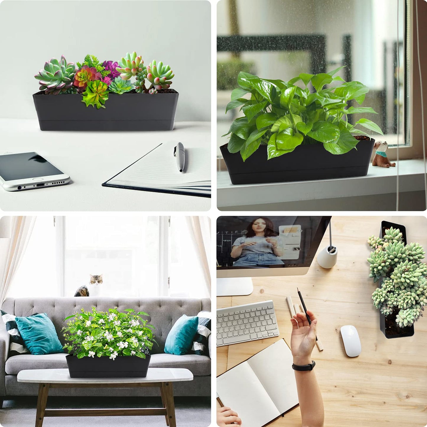 GREANER Window Boxes Planters with 4inch White Plant Label, 3PCS 16x3.8 Inch Black Rectangle Planters Box with Drainage Holes and Trays, Herb Succulents Flowers Plastic Pot for Windowsill, Garden, Bal