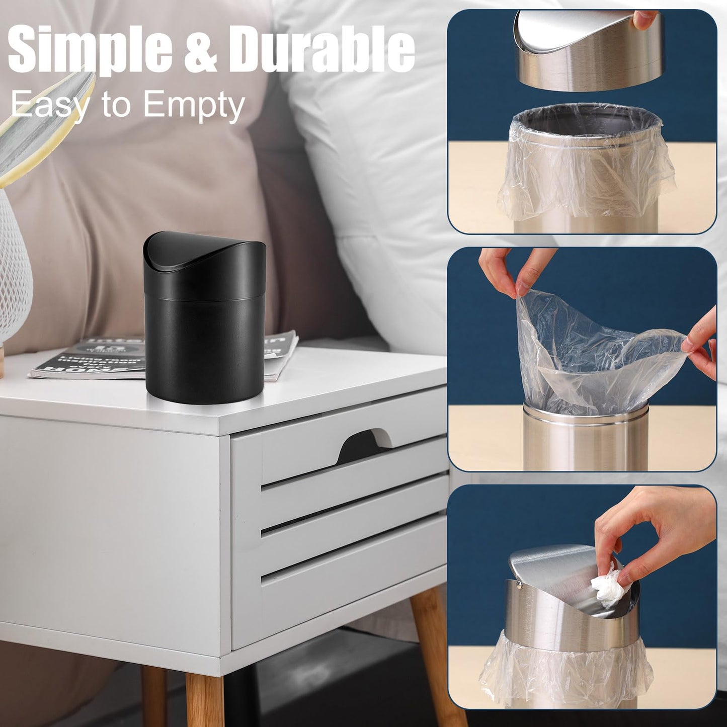 Yiyiring 2 Pcs Desk Trash Can with Swing Lids, 12 Rolls of Trash Bags, 2L Brushed Stainless Steel Countertop Garbage Bin Small Wastebasket with Lid for Office Desk, Coffee Table (Black)