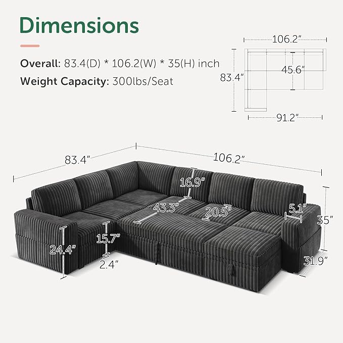 HONBAY Modular Sectional Sleeper Sofa